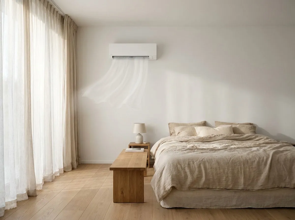 Slanke witte airco-binnenunit aan de wand van een lichte moderne slaapkamer