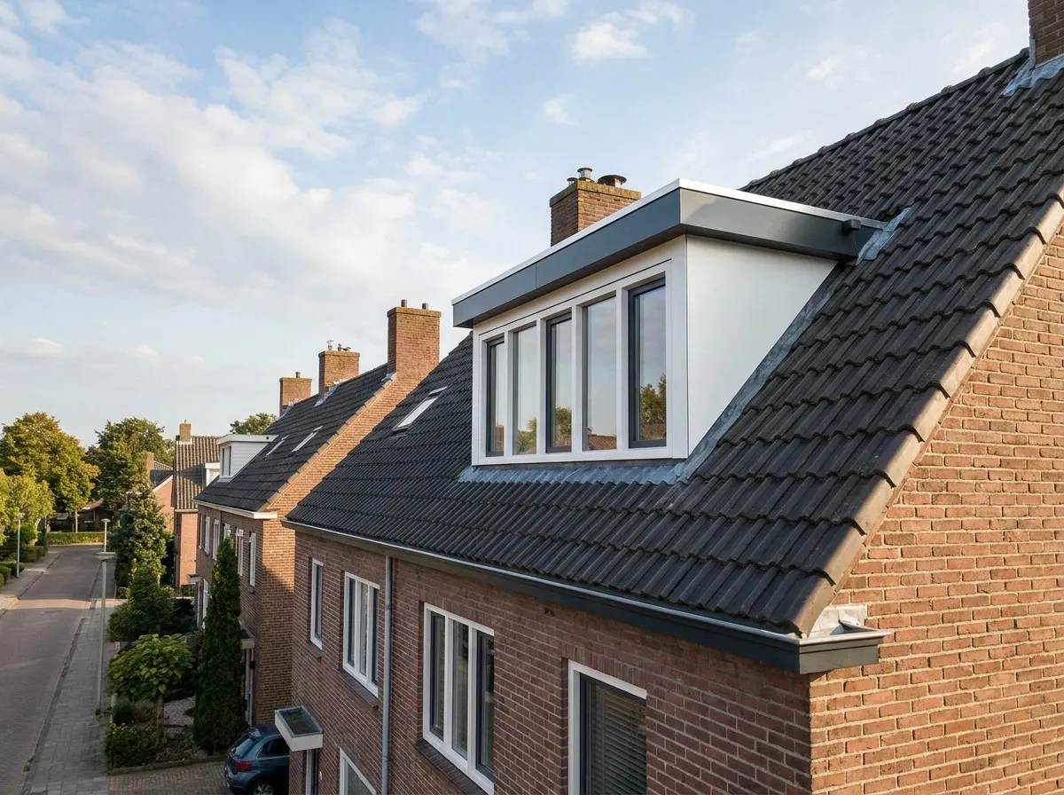 Witte dakkapel met antracieten kaders op een pannendak van een Nederlandse rijwoning