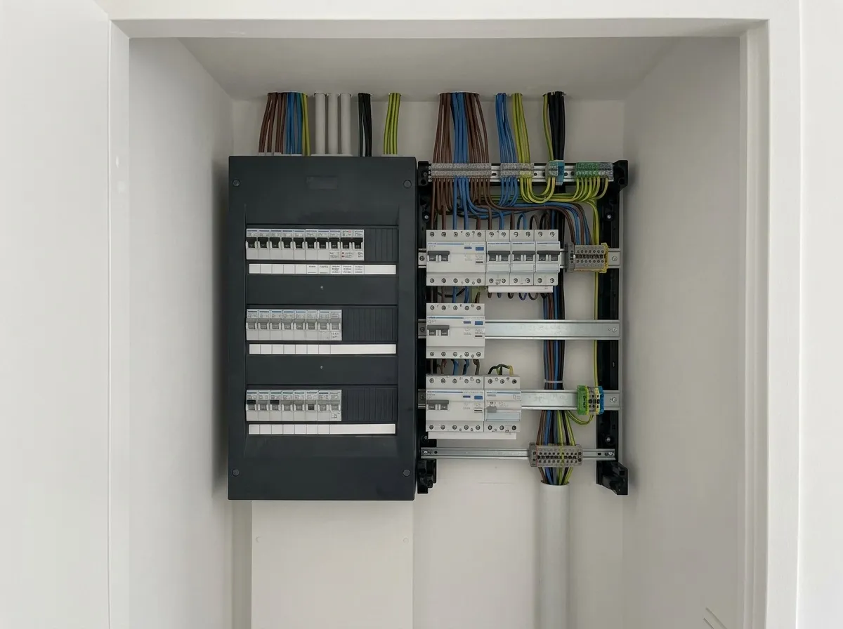 Moderne groepenkast met nette rijen installatieautomaten en strak weggewerkte bedrading