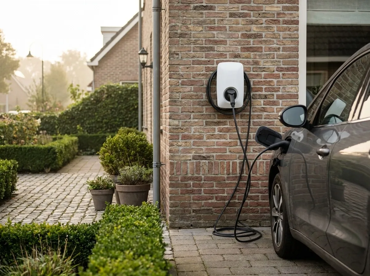 Witte laadpaal aan een gemetselde muur waaraan een elektrische auto wordt opgeladen