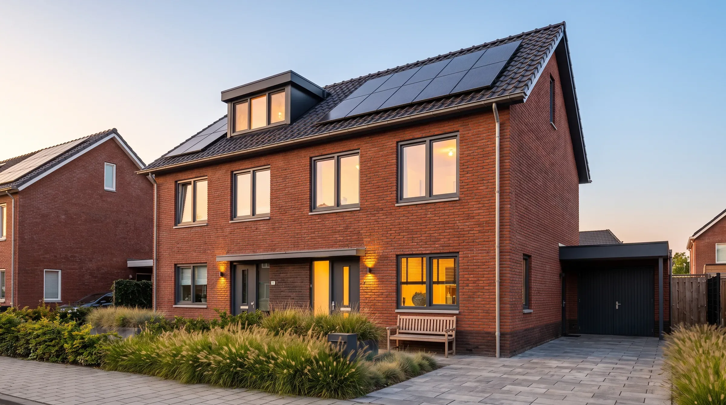 Dezelfde Nederlandse woning ná renovatie en verduurzaming door GerustGroep: nieuwe kozijnen, zonnepanelen en een verzorgde tuin