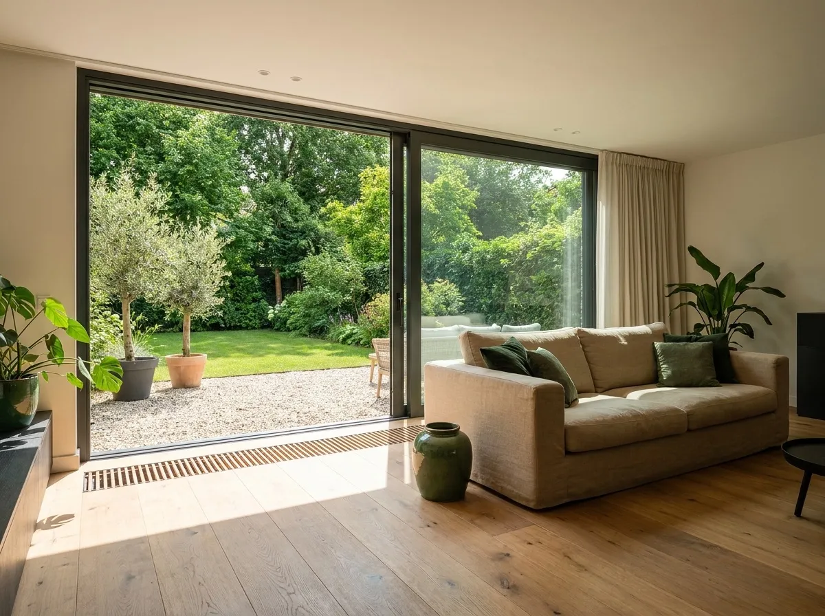 Moderne woonkamer met geopende aluminium schuifpui naar een groene tuin
