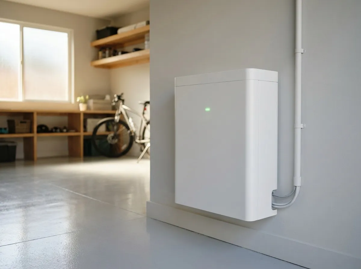 Witte thuisbatterij strak gemonteerd aan de wand van een opgeruimde garage