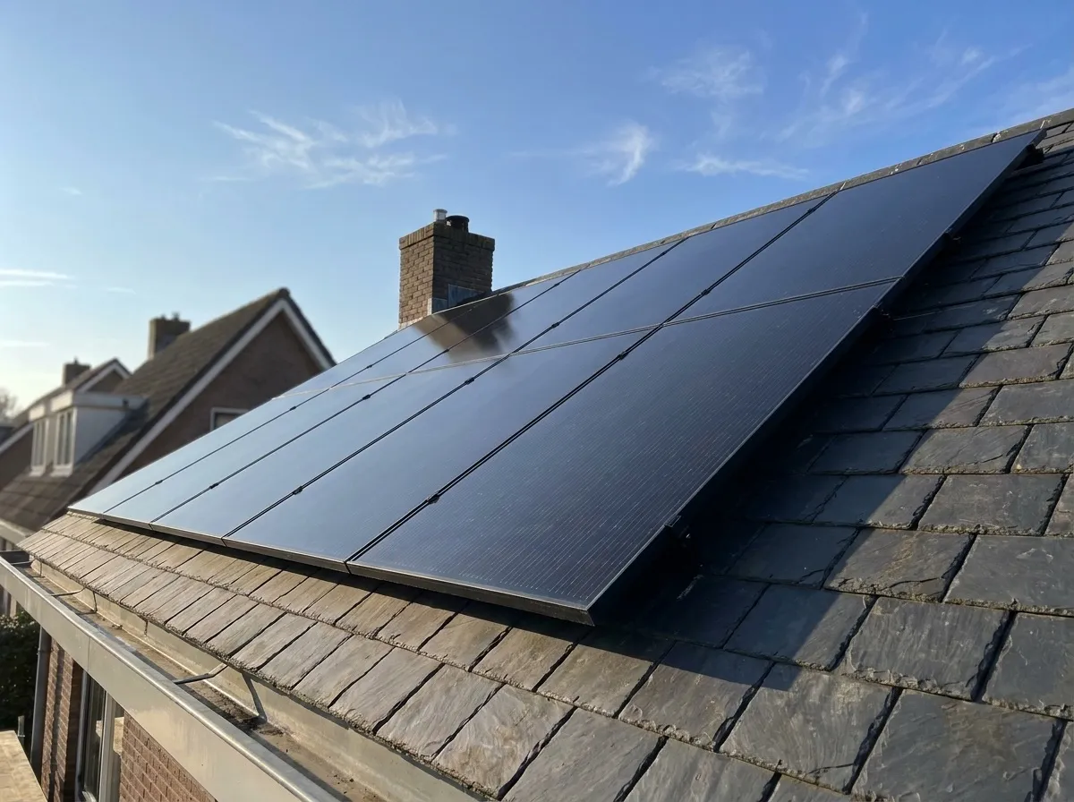 Zwarte zonnepanelen strak gemonteerd op een donker pannendak onder een blauwe lucht